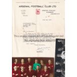 ARSENAL 1921/2 A coloured 6" X 3" team group Press photograph and an official letter from Arsenal