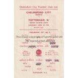 TOTTENHAM HOTSPUR Single sheet programme for the away Eastern Counties League match v Chelmsford