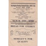 ACCRINGTON STANLEY V SOUTHPORT 1948 Programme for the League match at Accrington 29/3/1948, slight