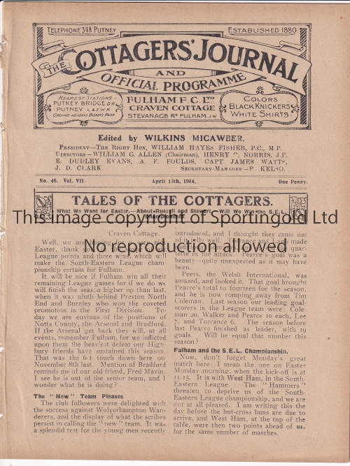 FULHAM V WEST HAM UNITED 1914 Programme without covers for the Reserve team South Eastern League