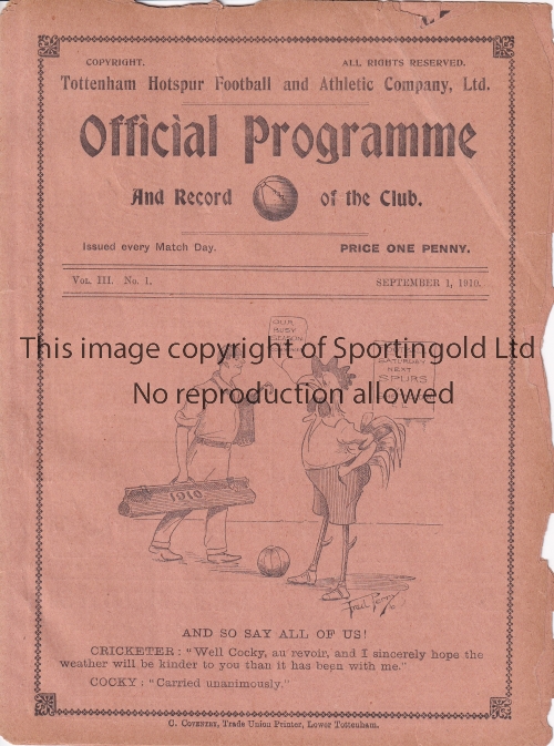 TOTTENHAM HOTSPUR V FULHAM 1910 Programme for the Reserves team South Eastern League match at