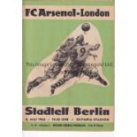 ARSENAL Programme for the away Friendly v. Berlin XI 4/5/1962, very slight vertical crease and