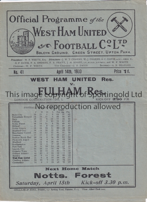 WEST HAM UNITED V FULHAM 1933 Programme for the Reserve team London Combination match at West Ham