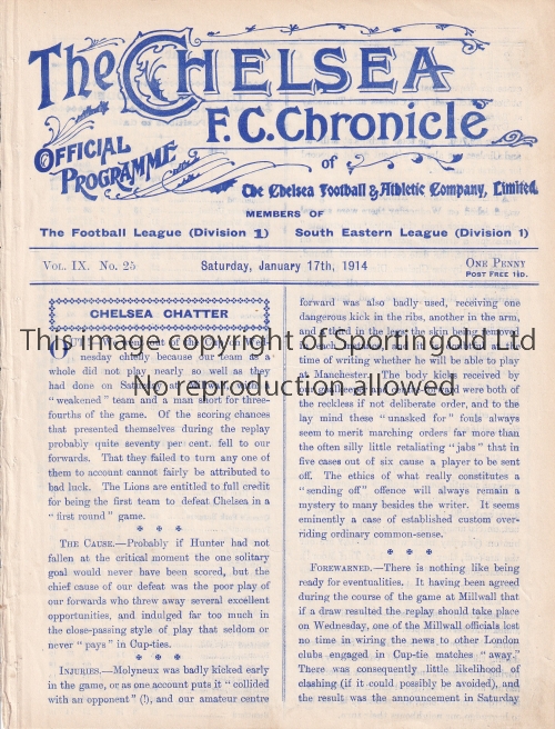 CHELSEA V FULHAM 1914 Programme for the Reserves team South Eastern League match at Chelsea 17/1/