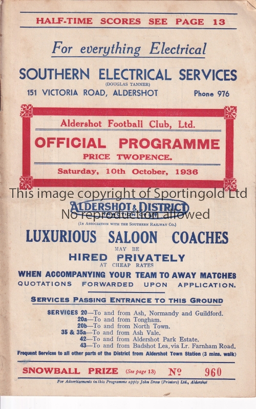 ALDERSHOT Home programme v Exeter City Division Three 10/10/1936. Score noted. Generally good