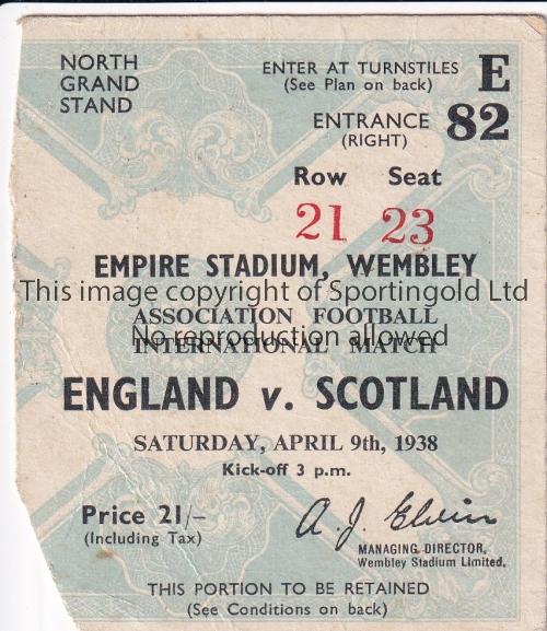 ENGLAND / SCOTLAND Ticket England v Scotland at Wembley 9/4/1938. Small piece at bottom left