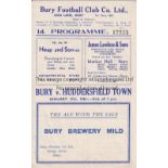 BURY V HUDDERSFIELD TOWN 1945 Programme for the match at Bury 27/1/1945. Good