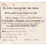DERBY A Derby County home share certificate dated 11/8/1924 and cancelled in 1977. Some foxing. Fair