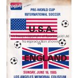 USA V ENGLAND 1985 Official programme for the International in Los Angeles, USA. Very slightly