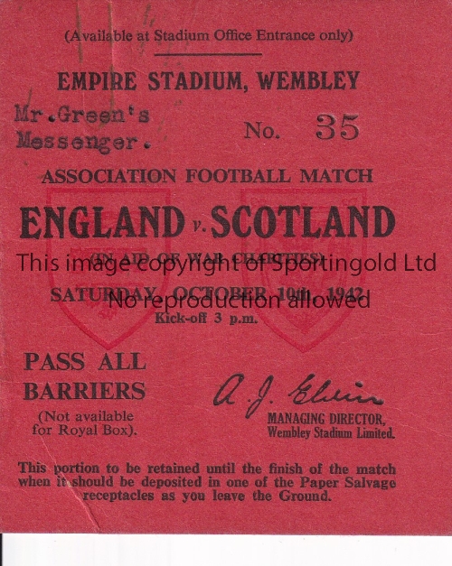 ENGLAND / SCOTLAND Ticket for a messenger with admittance to all parts of the ground except the