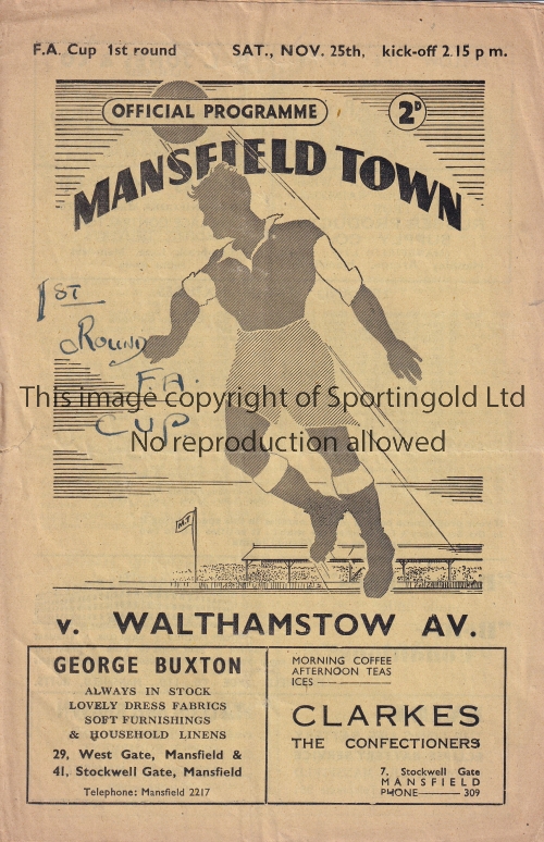 MANSFIELD - WALTHAMSTOW 50 Mansfield home programme v Walthamstow Ave, 25/11/50, Mansfield won 1-