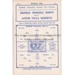 SHEFFIELD WEDNESDAY RESERVES Home 4 page programme v Aston Villa 26/9/1931, ex-binder Generally good