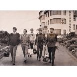 WALES FOOTBALL A 9.5" X 6.5" black & white press photograph of Mike England, Peter Rodrigues, Graham