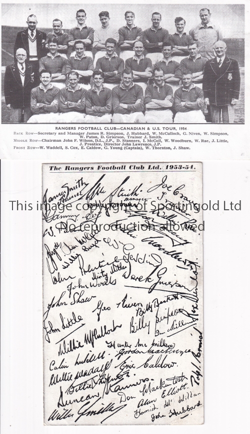 RANGERS Two postcards of Rangers team groups from season 1953/54 one with the League and Cup