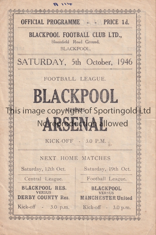 BLACKPOOL Four Page programme v Arsenal 5/10/1946. Light horizontal fold. One team change with a