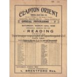 CLAPTON ORIENT Programme Clapton Orient v Reading Third Division 12/3/1938. Folds. No writing.