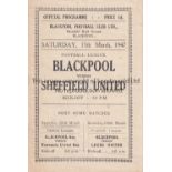 BLACKPOOL Four Page programme v Sheffield United 15/3/1947. Light vertical fold. No writing.