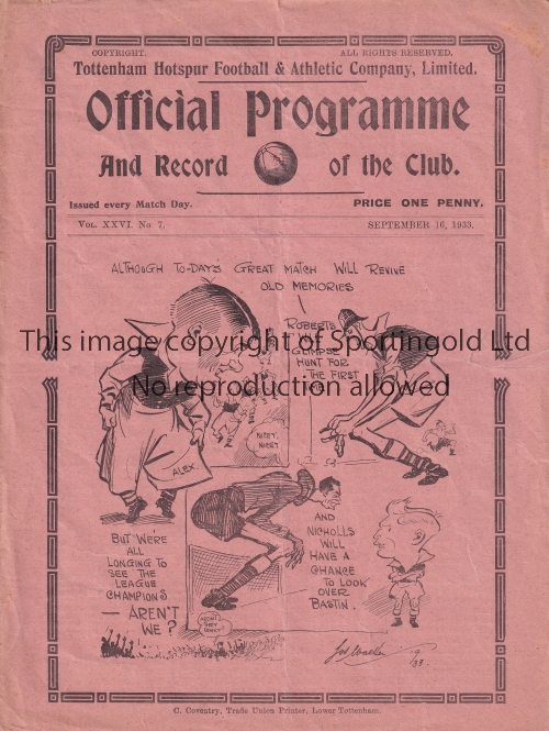 TOTTENHAM HOTSPUR V ARSENAL 1933 Programme for the League match at Tottenham 16/9/1933, lightly