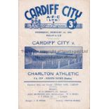 CARDIFF - CHARLTON CUP Cardiff home programme v Charlton, 1/2/50, midweek Cup replay, fold, score