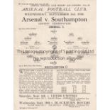 ARSENAL / SOUTHAMPTON Single sheet programme Arsenal Reserves v Southampton Reserves 3/9/1930.