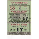 ROCKY MARCIANO V EZZARD CHARLES 1954 Working Press pass for the Yankee Stadium 17/6/1954. Good