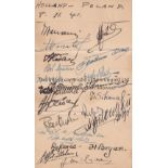 HOLLAND V POLAND 1941 / AUTOGRAPHS Single card menu for the Queen's Hotel in Birmingham 8/11/1941