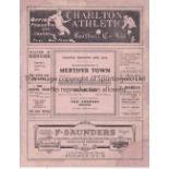 CHARLTON / MERTHYR Four page programme Charlton Athletic v Merthyr Town 30/9/1922. Professionally