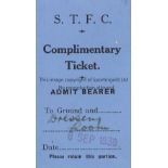 FOOTBALL TICKET 1939 A complimentary ticket to Ground and Dressing Room for 6/9/1939 with the