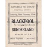 BLACKPOOL Four Page programme v Sunderland 16/2/1946. Light horizontal fold. No writing. Generally