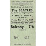 BEATLES Ticket for the Beatles concert at King's Hall, Balmoral 2/11/1964. Light horizontal fold.