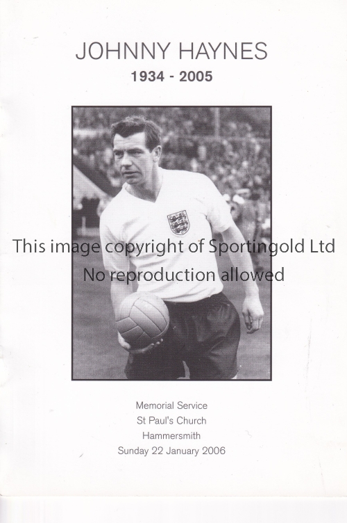 JOHNNY HAYNES Memorial service programme for Johnny Haynes ex Fulham and England Captain 22/1/2006