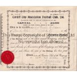 CARDIFF CITY Share certificate for 5 ordinary shares dated 22/10/1927. Minor tears. Generally good