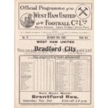 WEST HAM / BRADFORD CITY White 4 Page programme West Ham United v Bradford City 26/10/1935. Ex Bound