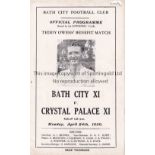 BATH / PALACE Gatefold programme Bath City X1 v Crystal Palace X1 24/4/1950. Paper loss at top of
