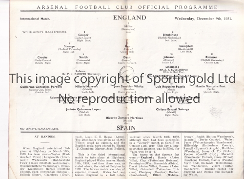 ENGLAND V SPAIN 1931 AT ARSENAL FC Programme for the International on 9/12/1931, minor paper loss