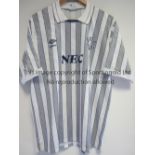 EVERTON MATCH WORN SHIRT A grey and white stripes with blue pinstripes Umbro short sleeve shirt with
