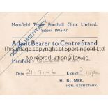 MANSFIELD Ticket Mansfield Town v Bristol Rovers 21st September 1946. Generally good