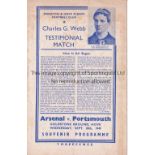 ARSENAL V PORTSMOUTH AT BRIGHTON 1949 Programme for the Testimonial match 28/9/1949 with slight