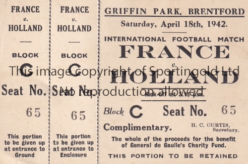 FRANCE V HOLLAND 1942 AT BRENTFORD FC Unused match ticket with 2 counterfoils. Generally good