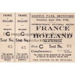 FRANCE V HOLLAND 1942 AT BRENTFORD FC Unused match ticket with 2 counterfoils. Generally good