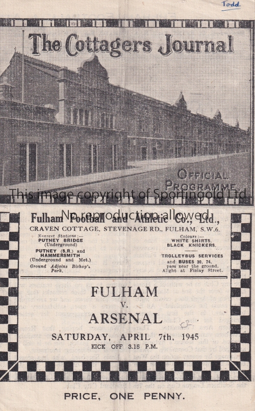 FULHAM V ARSENAL 1945 Programme for the Friendly match at Fulham 7/4/1945, vertical crease, team