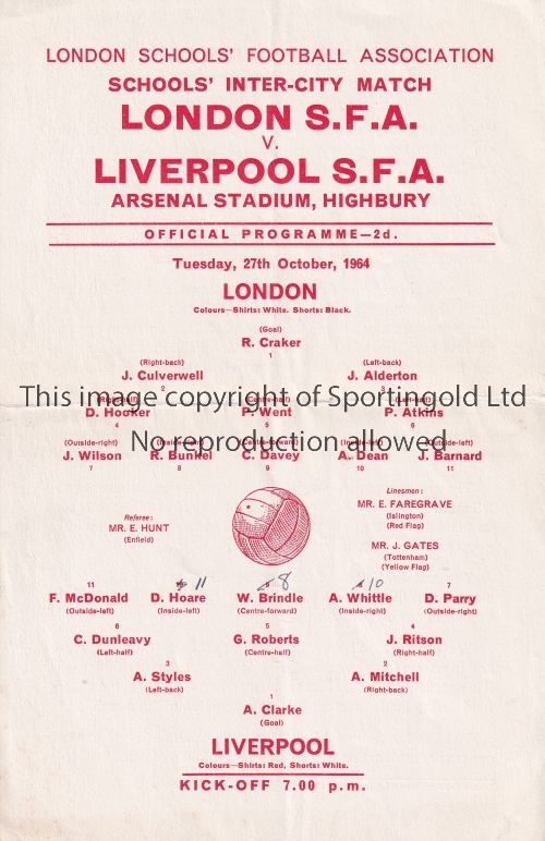 NEUTRAL AT ARSENAL 1964 Single card programme for London v Liverpool, Boys match 27/10/1964,