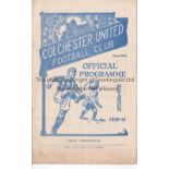 COLCHESTER UNITED V CRYSTAL PALACE 1950/1 Colchester home programme in the first League season 30/