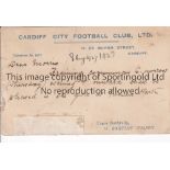 CARDIFF CITY Official postcard dated 8/8/1927 to E.L. Morris advising that training will be