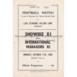 CHARITY FOOTBALL MATCH 1960 / ARSENAL Programme for Showbiz XI v International Managers XI 17/10/