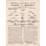 ARSENAL V BRENTFORD 1937 Single sheet programme for the London Combination match at Arsenal 15/12/