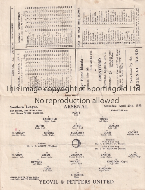 ARSENAL IN THE SOUTHERN LEAGUE 1939 Programme for the home match v. Yeovil & Petters United 29/4/