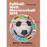 1974 WORLD CUP GERMANY Programme Zaire v Brazil 22/6/74 in Gelsenkirchen. Light brown cover. Good
