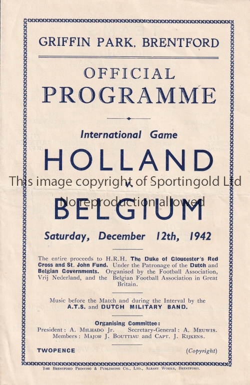 HOLLAND V BELGIUM 1942 AT BRENTFORD FC Official programme for 12/12/1942 with a slight horizontal