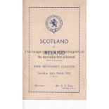 MENU Menu Scotland v Ireland Junior International at the Bank Restaurant, Glasgow 25/3/1933.